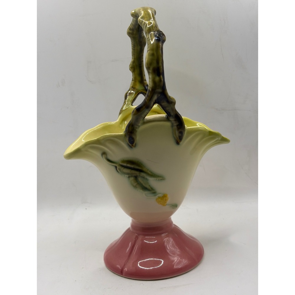Hull Art Pottery Wildflower Basket Vase W9-8.5 Pink Yellow Floral Mid Century US